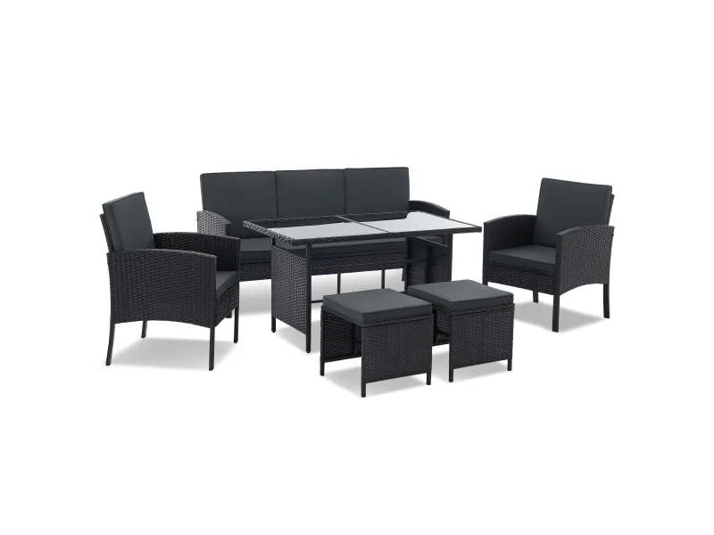 Juskys Polyrattan Gartenmöbel Sitzgruppe Turin Schwarz – 6-teilig, für bis zu 7 Personen Moderne Gartenlounge aus Polyrattan
