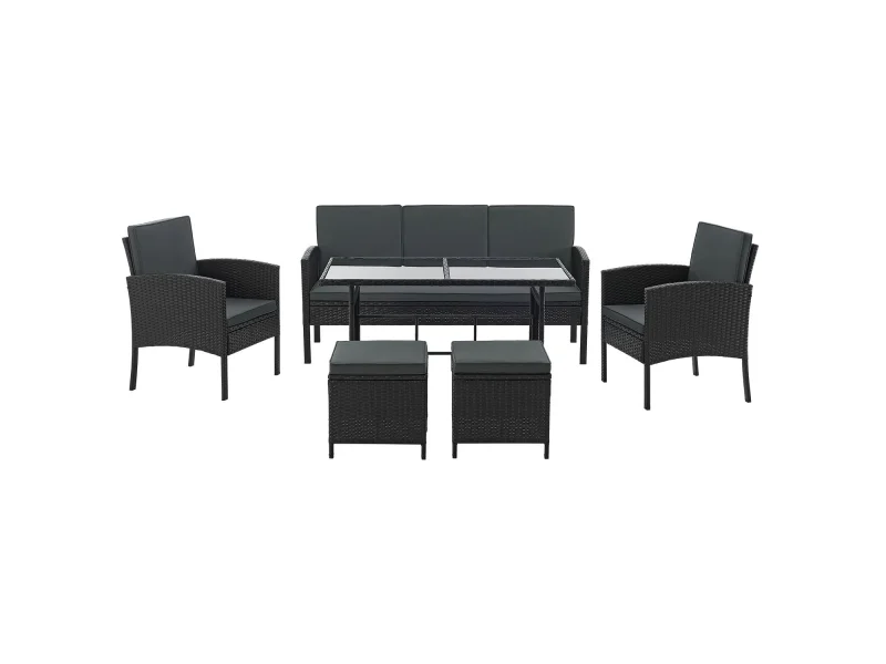 Juskys Polyrattan Gartenmöbel Sitzgruppe Turin Schwarz – 6-teilig, für bis zu 7 Personen Moderne Gartenlounge aus Polyrattan