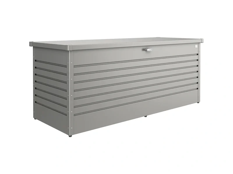 Biohort FreizeitBox Gr. 200 Quarzgrau-Metallic – 201 × 79 × 83 cm Regenwasserdichte Aufbewahrungsbox aus Stahlblech